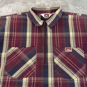 Ben Davis Shirt Mens XL Burgundy Plaid Short Sleeve Half Zip Work Shirt USA